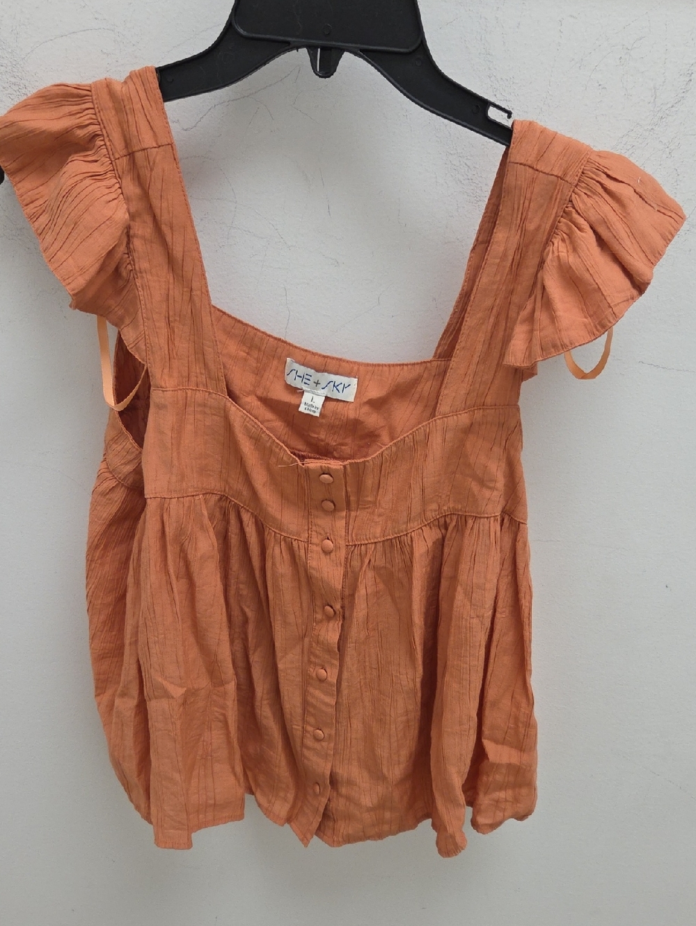 NWOT-She + Sky Washed Peach Button-Front Ruffle Sleeve Blouse